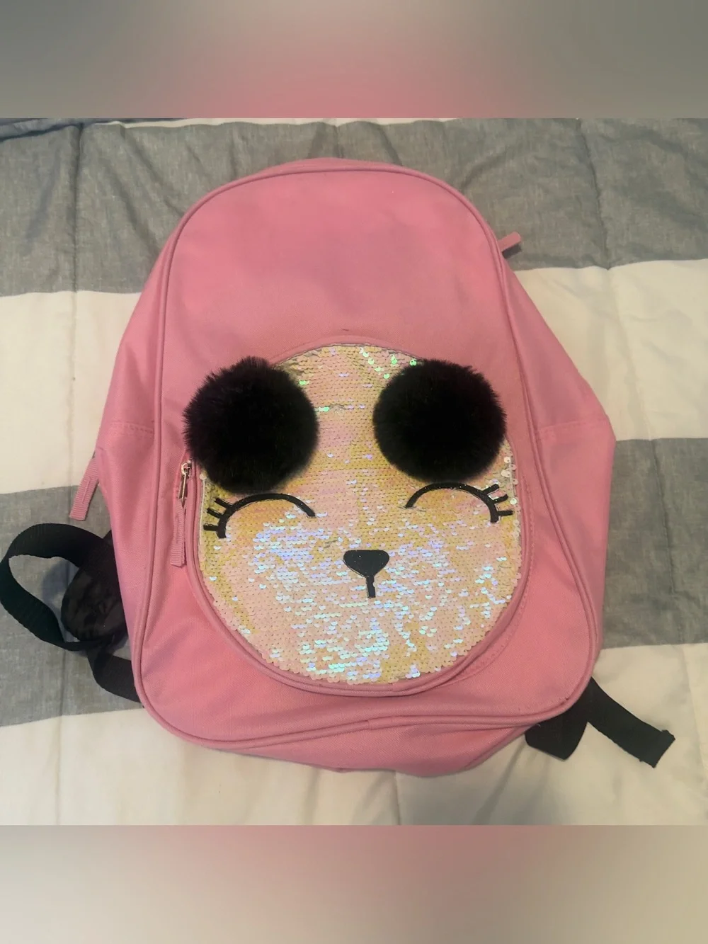Kids Pink Sequin Panda Backpack with Pom Pom Ears